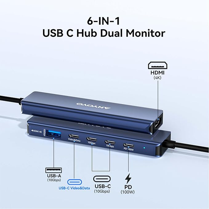 ANYOYO Docking Station,6-in-1 USB C Multiport Adapter with 4K HDMI, 4*USB 5Gbps(3A+1C),100W PD Aluminum USB Hub for MacBook Pro/Air, Other Laptops and Devices （USB-C Does not Support Video Output）