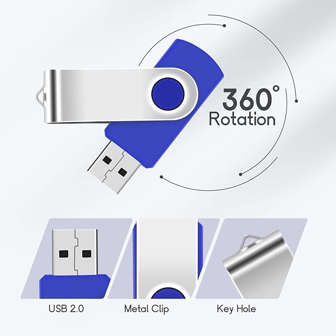 32GB Flash Drive 10 Pack USB 2.0 Thumb Drive Swivel Memory Stick Jump Drive with LED Indicator/Lanyard/Label for Storage and Backup (32G, 10pcs, Navy Blue)