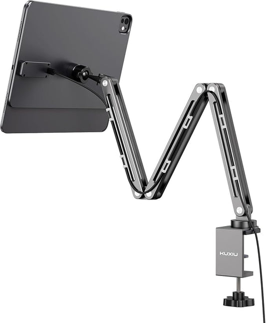 Magnetic Wireless Charging Stand for iPad Pro 13" M4 (2024), Foldable Adjustable Arm Mount with 2M Cable, Aluminum Alloy Tablet Holder for Desk