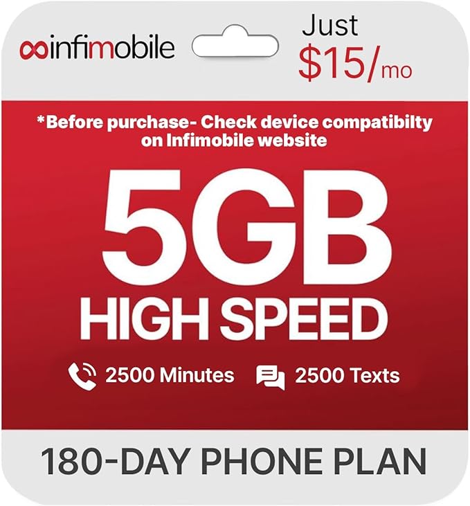$15/Month | Infimobile Prepaid Plan: 6 Months | 5GB High-Speed Data Per Month | 2500 Minutes and 2500 Text| Prepaid Plan Service SIM Card | Nationwide Coverage | 4G, 5G V-Network