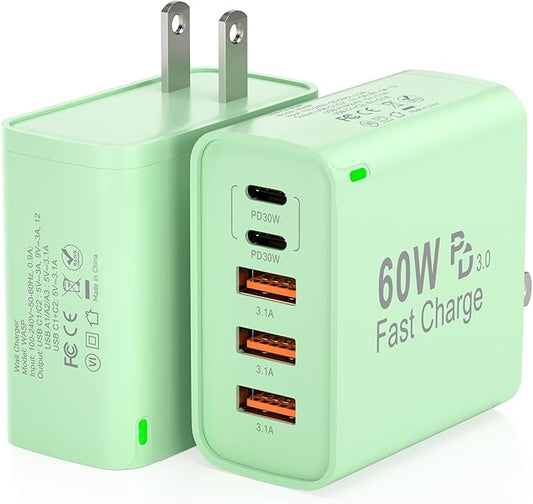 2Pack USB C Fast Charger Block, 60W 5-Port USB C Wall Charger 30W Type C Charging Block, 2USB C+3USB A PPS/PD 3.0 Multiport Charging Cube for iPhone 17 16 15 14 Pro Max,for Galaxy S25 S24 Ultra, i Pad