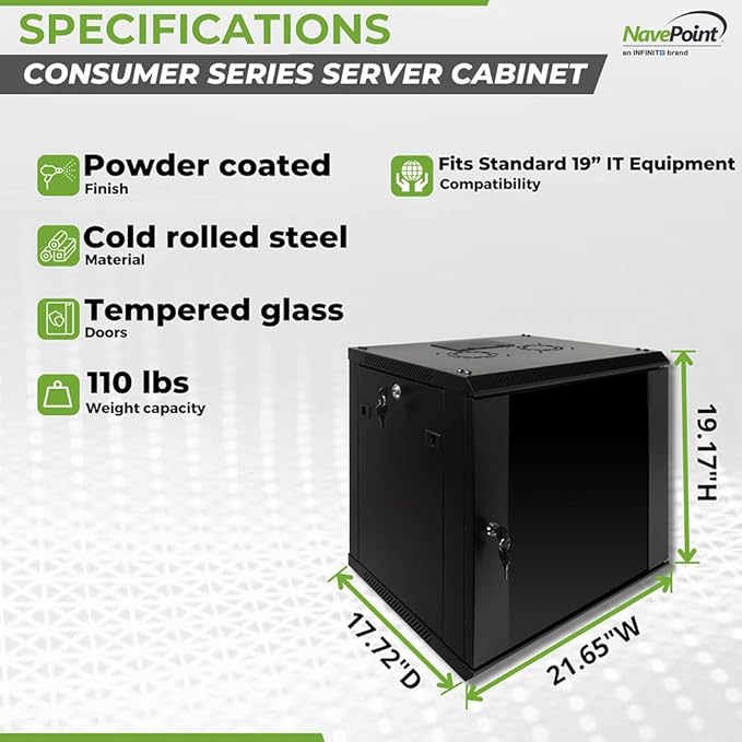 NavePoint 9U Server Rack Enclosure with Glass Door, Cooling Fan, Locks, & Removable Side Panels - 9U Wall Mount Network Cabinet 19 Inch Rack 17.7 Inches Deep