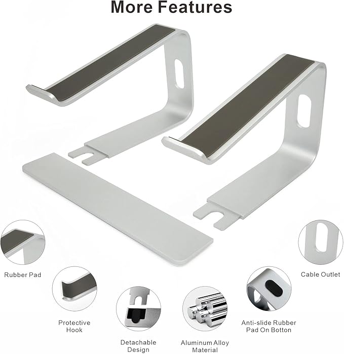 Ergonomic Aluminum Laptop Stand - Detachable Mount Riser Compatible With MacBook Pro/Air, HP, Lenovo, Samsung, Huawei - All 10-17.3" Notebooks (Silver)