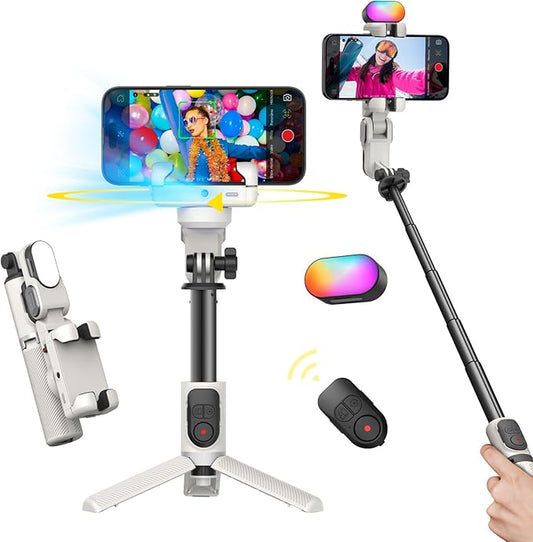 Gimbal Stabilizer for iPhone, Sefie Stick Tripod with Auto Face Tracking for TIK Tok YouTube Video Recording, 4 in 1 Gimbal Stabilizer with 360° Rotation for iPhone/Andriod -M1 Pro White