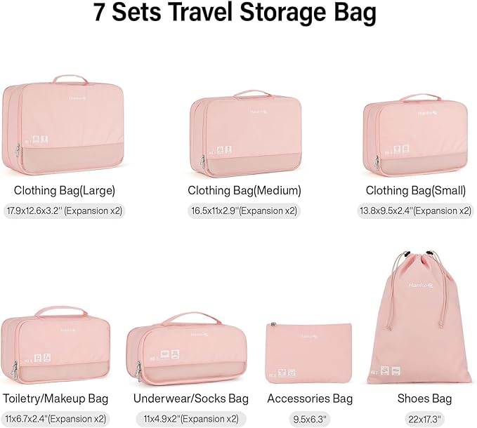 Compression Packing Cubes (Pack of 7), Expandable Luggage Organizer Bags, Hanke Packing Cubes for Travel, Double Zipper Durable Travel Packing Organizers for Suitcase Backpack and Carry-On