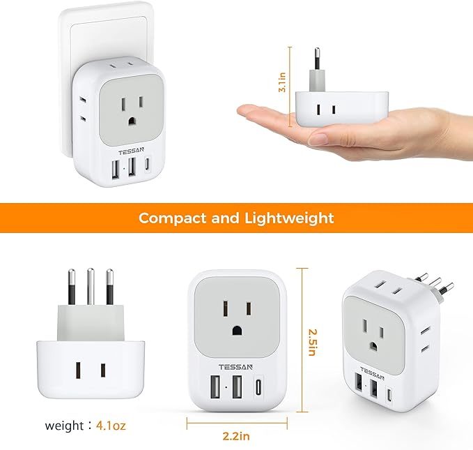 Italy Travel Plug Adapter 2 Pack, TESSAN Italy Power Adaptor with 4 Outlets 3 USB Charger (1 USB C Port), Type L Adapter for US to Chile Ethiopia Libya Syria Tunisia Uruguay