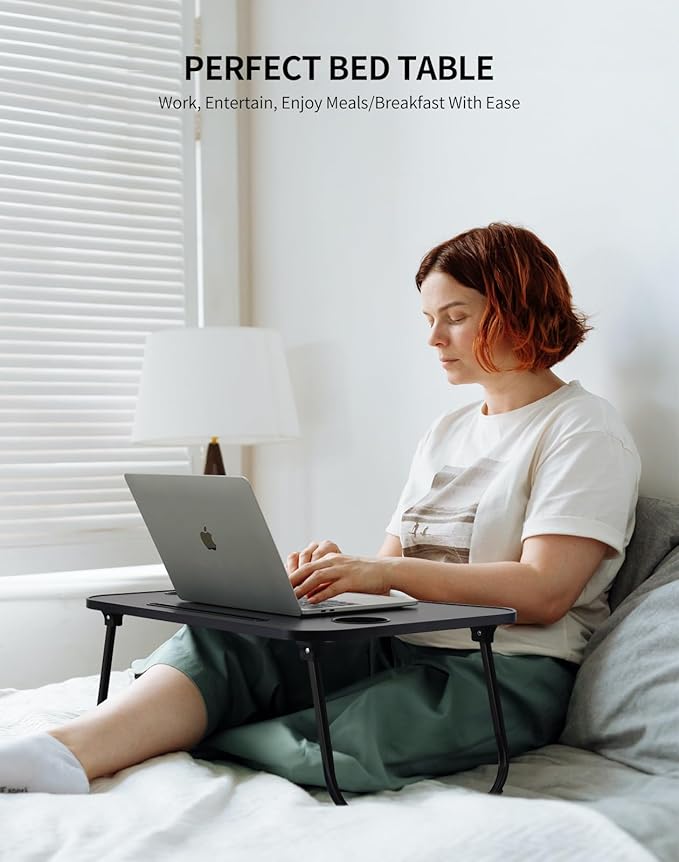 Laptop Bed Desk, Foldable Lap Table, Portable Study Table, Laptop Stand with Cup Holder & Tablet Slot & Lifting Handle for Working Writing Drawing & Eating - Dark Black