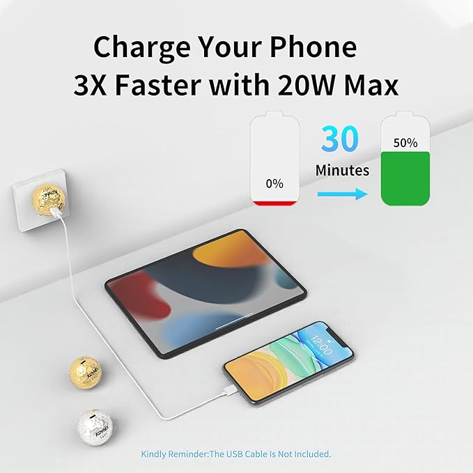 USB C Charger Block 20W，Creative Golf Ball Type C Wall Charger，GaN III Power Adapter with UL Certified，Fast Charging for iPhone 16/15 Series, Galaxy, Google Pixel,iPad,AirPods