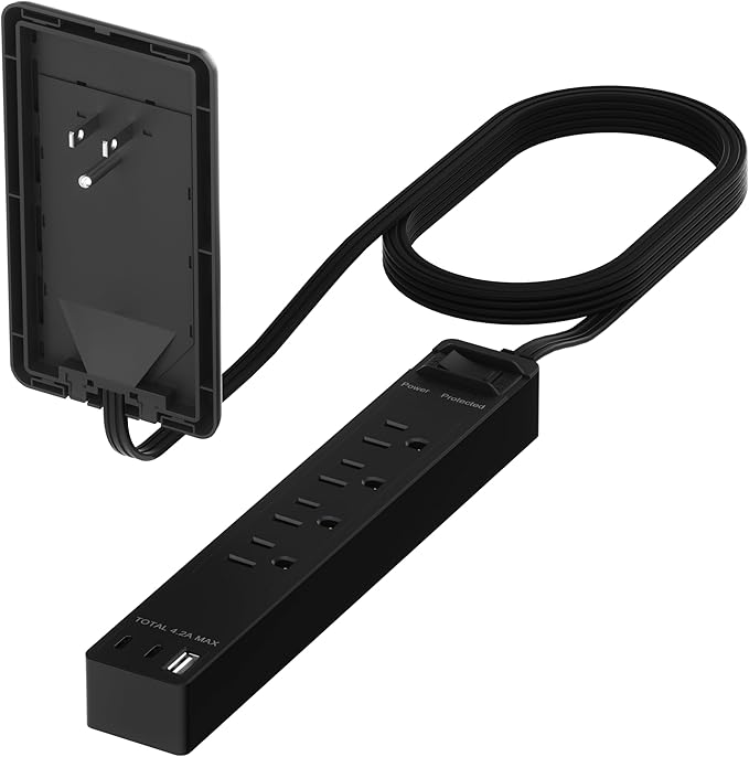 LIDER Surge Protected Outlet Extender, 4-Outlet Power Strip, 21W USB Type-A, and 2 USB Type-C Port, Ultra-Thin Wall Plate Plug with Cord Extender, Flat-Face, 5ft Cord, 1500 Joules, ETL-Listed, Black