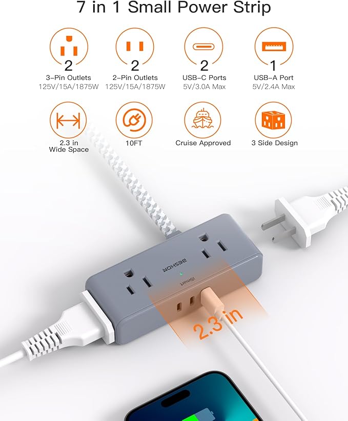 Extension Cord 10 ft, BESHON Flat Plug Power Strip, 4 Widely Outlets with 3 USB Ports (2 USB C), Extension Cord with Multiple Outlets for Home, Office, Dorm Room Essentials Gray