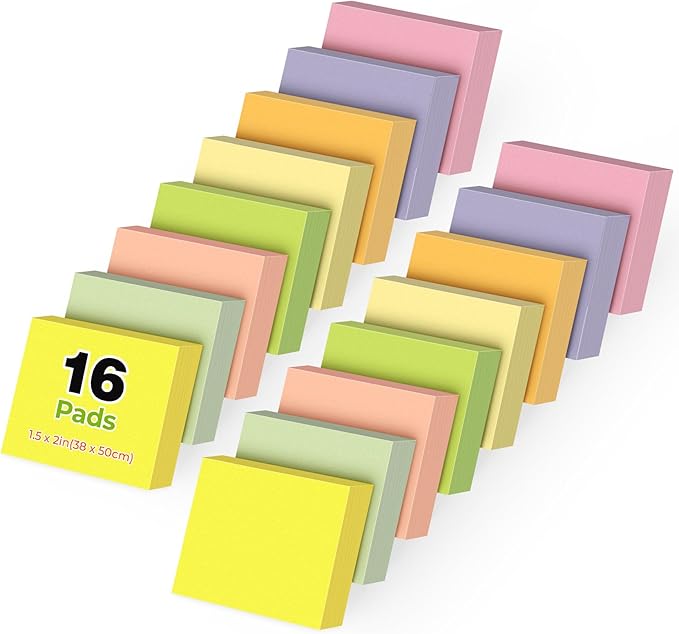1.5 x 2 in Sticky Notes Mini,1600 Sheets Small Sticky Pads Clean Removal,16 Pads Pastel Colors Self-Stick Pads,100 Sheet/Pad Colorful Stickies Notes Pads Ideal for Office,Home,School,Meeting