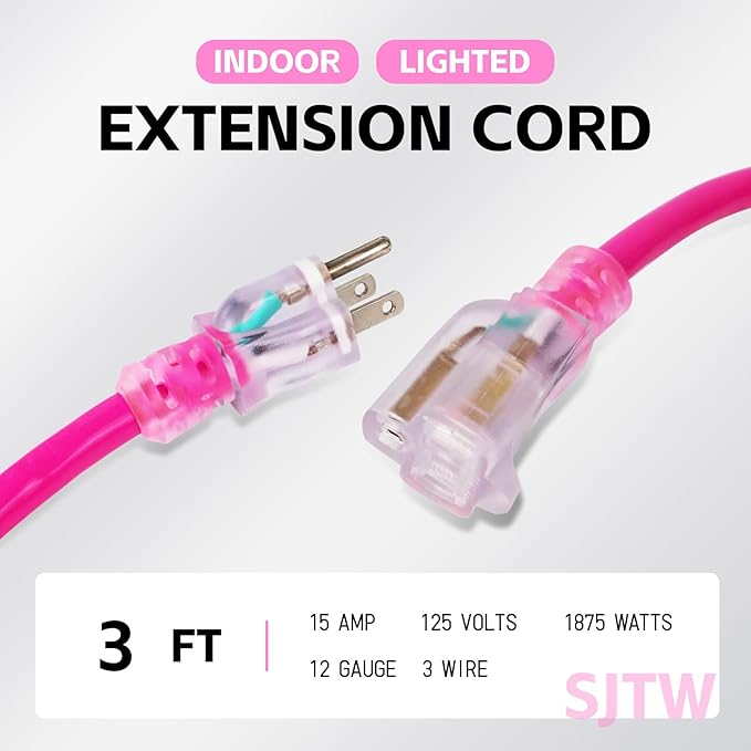 EP 3 Ft Outdoor Extension Cord, 12/3 SJTW Heavy Duty Waterproof Power Cable, 3 Prong Grounded Plug, Lighted End, for Lawn, Garden, Appliances, Pink
