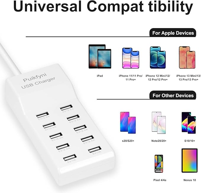 10-Port USB Charger Station, Smart Multiple Charging Block/USB Power Strip for Multiple Devices,Mobile Phones and iPads,Smart Watches Tablets (White)