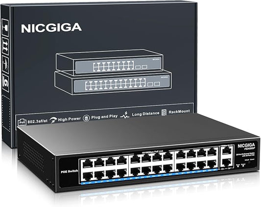 24 Port PoE Switch Unmanaged, 24 Port PoE+@400W, 2 Gigabit Uplink Ports, NICGIGA 26 Port Network Power Over Ethernet Switch, VLAN Mode, 250m Extend, 19 inch RackMount, Plug and Play.