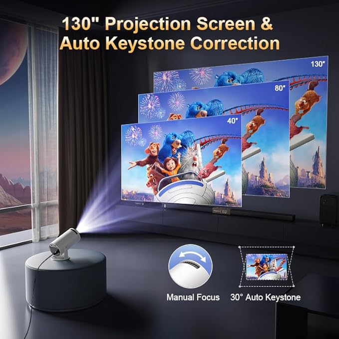 Mini Projector with Latest Android 13 - 2025 Portable Movie Projector with WiFi 6 Bluetooth 5.2: Built-in Apps, 4K/1080P Support, Auto Keystone, 180° Rotatable, 40"-130" Big Screen Video Projector