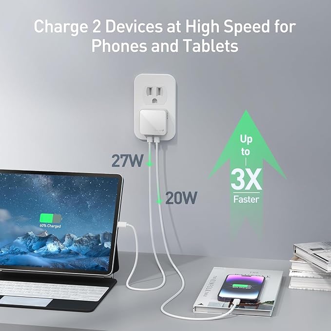 Nekmit Flat USB C Wall Charger, 47W Dual Ports USB C Charger Block, PPS Fast Charging Wall Plug for iPhone 15/15 Pro/15 Pro Max, Galaxy, MacBook Air, iPad, AirPods and More (White)