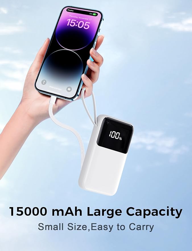 Power Bank, 15000mAh Portable Charger with Built in Cable, 22.5W Fast Charging, 6 Outputs, Slim Travel Essential Battery Pack with LED Display, Compatible with iPhone 16/15/14/13, Samsung, iPad, etc