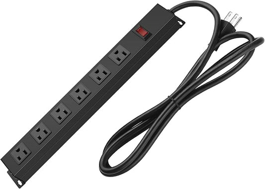 Metal Wall Mount Power Strip, Mountable Power Outlet with 6 AC Outlets, Aluminum Alloy Mount Power Socket with Switch, 10 FT SJT 3/C 14AWG Power Cord, 15A 125V 1875W (6AC) Black