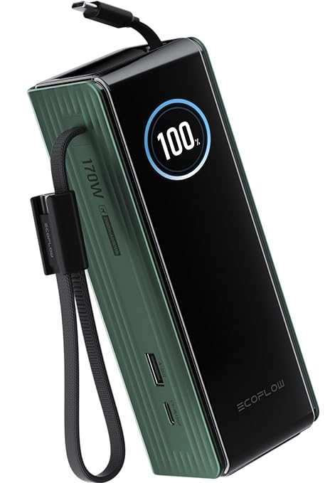 EF ECOFLOW Rapid Power Bank, 25,000mAh, 170W, 100W Built-in and Retractable Cables, Portable Charger with Triple 100W USB-C Port, Compatible with iPhone 17/16/15/14, Samsung, Laptop and More, Green
