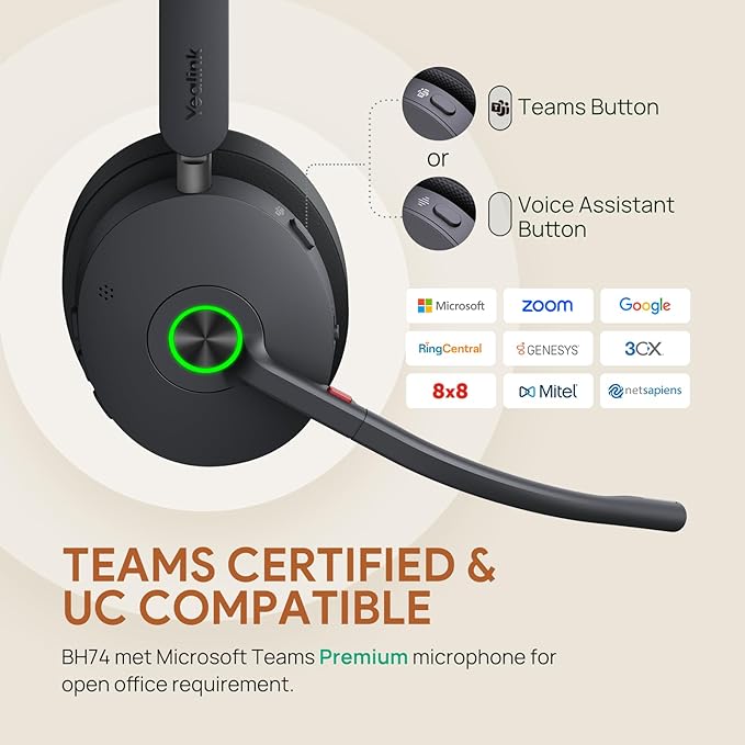 Yealink BH74 with Stand ANC Wireless Bluetooth Headset with Mic for Work, 6-mics Hybrid ANC Tech, Microsoft Teams Premium Open Ofﬁce Certified Headsets, up to 32h Talking Battery Life, Zoom Certified