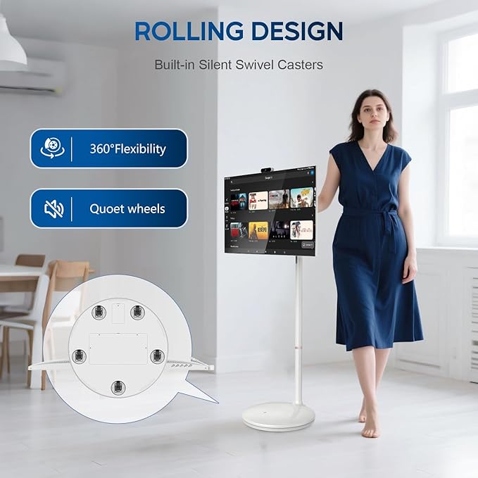 32 Inch 4K Smart Portable TV, Qualcomm Snapdragon 665 CPU, Built-in 20000mAh Battery with 10H Life Time, 8+128GB, Android OS, Rolling Touch Screen Monitor on Wheels, Air Remote Mouse, with 5MP Webcam