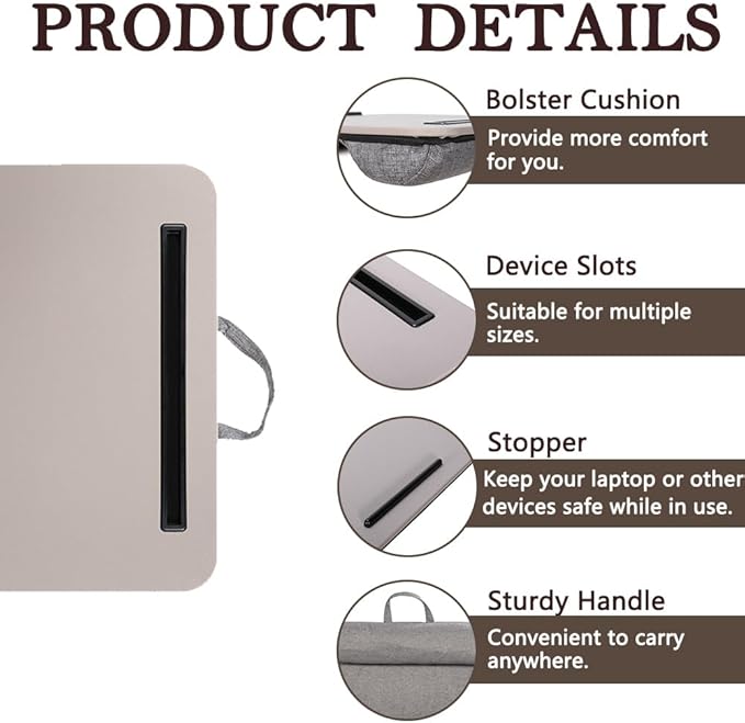 Portable Laptop Desk Fits Up to 16“ Laptops, with Tablet Slot, Built-in Cushion, Great for Home & Office,Lap Desk for Laptop,Lap Desk with Cushion (Gray, Medium)