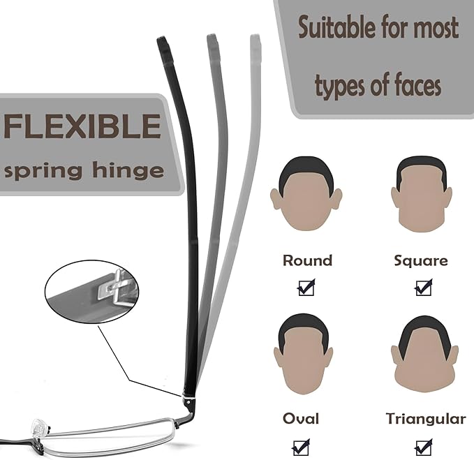 CRGATV 3 Pack Reading Glasses for Men Half Rim Metal Frame Readers Durable Anti Blue Light UV400 / Glare Computer Eyeglasses