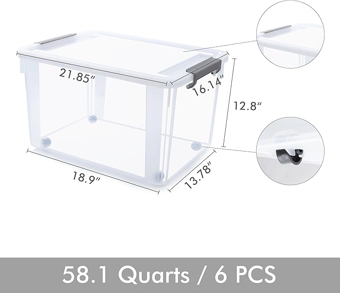 Citylife 6 Packs 58.1 QT Plastic Storage Bins with Lids Large Stackable Storage Containers for Organizing Clear Storage Box for Garage, Closet, Kitchen