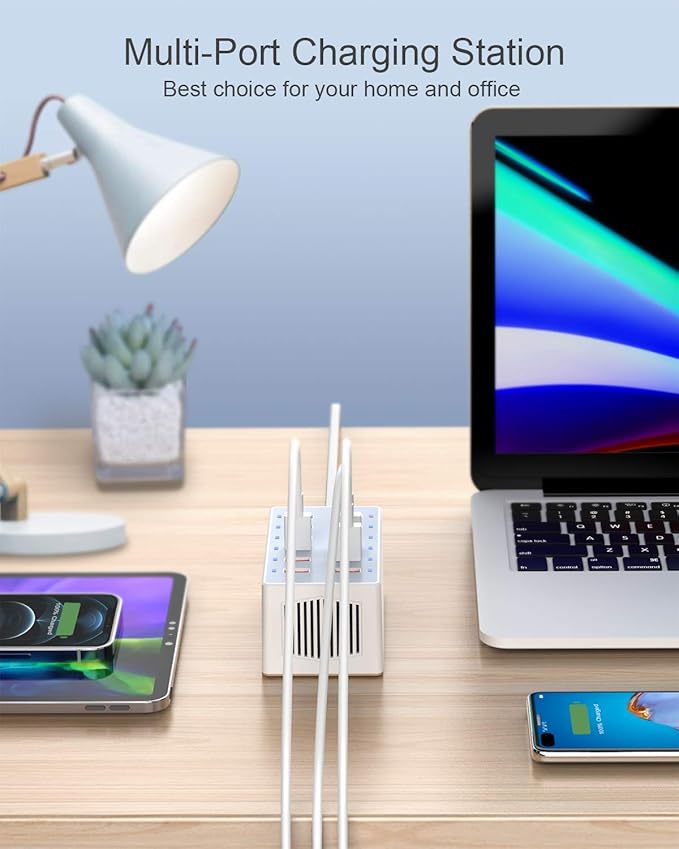 Cell Phone Wall Charger USB Charging Station for Multi 12 Ports Power Strip Charging Hub Smart Plug Charge Block Desk Device Dock for iPhone 15/14/13/iPad iPod Galaxy Watches Android Phones