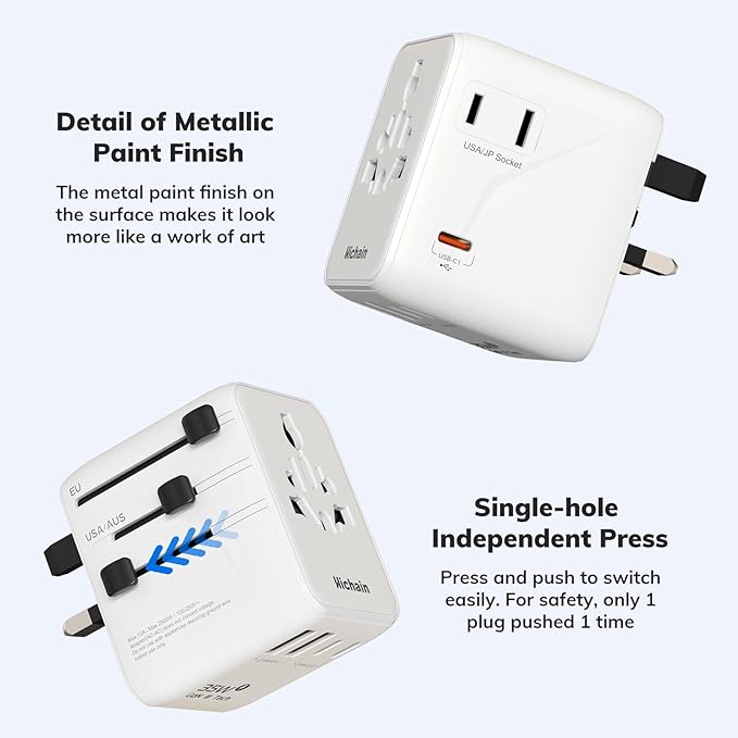 Hichain 35W 7-in-1 Universal Travel Adapter, Adapter for Europe Plug Fast Charging Universal Power Adapter Block, GaN Travel Adapter Worldwide Portable International Travel Plug Compact Size