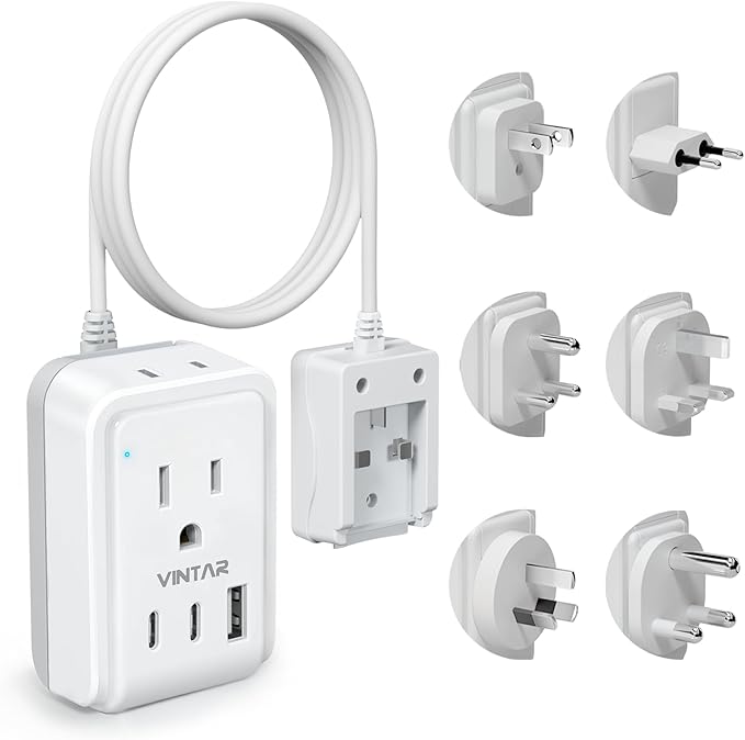 VINTAR Universal Travel Adapter Kit, 3ft Detachable Extension Cord with 2 AC Outlets & 3 USB(2 USB C), Type A/C/G/D/I/M International Power Adaptor for US to Europe UK India South Africa Japan