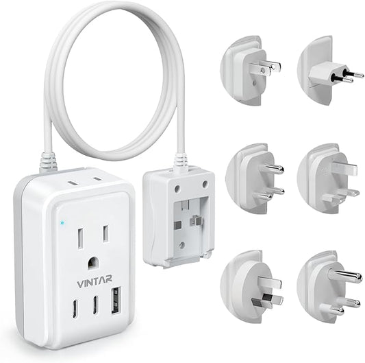 VINTAR Universal Travel Adapter Kit, 5ft Detachable Extension Cord with 2 AC Outlets & 3 USB(2 USB C), Type A/C/G/D/I/M International Power Adaptor for US to Europe UK India South Africa Japan