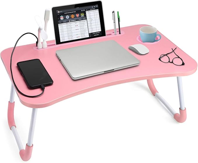 Slendor Lap Desk with Cup Holder, Foldable Laptop Table for Bed, Portable Bed Desk for Laptop and Writing, Computer Tray with Tablet Slot, Notebook Stand Reading Holder for Couch Sofa Floor,Pink