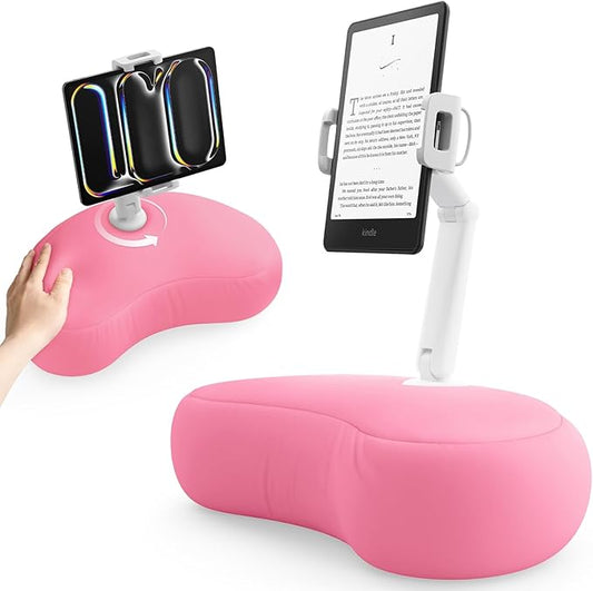 SAIJI Kindle Pillow Stand, iPad Stand Compatible with 4.7”-15.6” Kindle, Phone, iPad, 360° Adjustable Tablet Holder for Bed with Flexible Dual Axis Arm and Microbead Cushion (Pink)