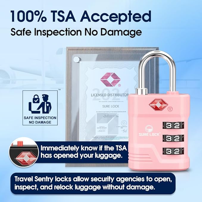SURE LOCK TSA Locks for Luggage, TSA Approved Luggage Locks with Open Alert, 008 Key for High Security, Easy Read Dials, Zinc Alloy Body, Locker Lock for Suitcase, Gym, Travel.(Pink 4 pk)