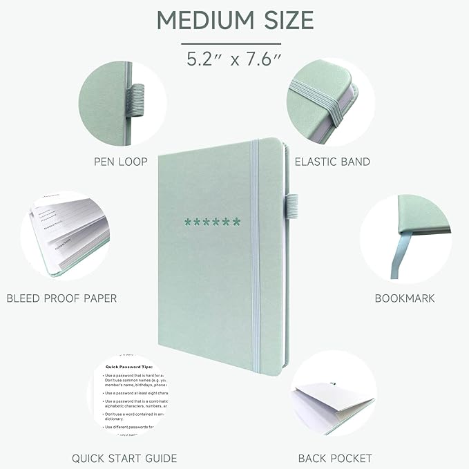 Password Book with Alphabetical Tabs – Hardcover Internet Address & Password Organizer – Password Keeper Notebook for Computer & Website – 5.2 x 7.6" Log-in Password Journal w/ Thick Paper (Mint Green)