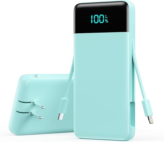 Portable Charger 13800mAh Power Bank with Built-in Cables,LCD Display Fast Charging USB C Battery Pack,4 Outputs Travel Essential Portable Phone Charger for iPhone 16/15/14/13,Samsung,Android (Green)