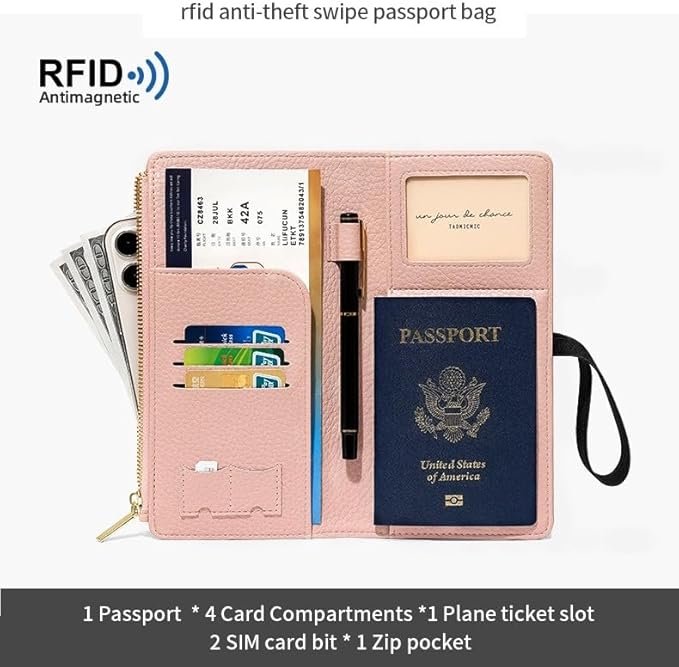 DOB SECHS Leather Passport Wallet for Women, RFID Blocking Passport Holder with Zipper for Travel, Credit Card Cover Case, Travel Document Organizer Pouch Bag +ID Window+Cash Pocket+SIM Slot, Pink