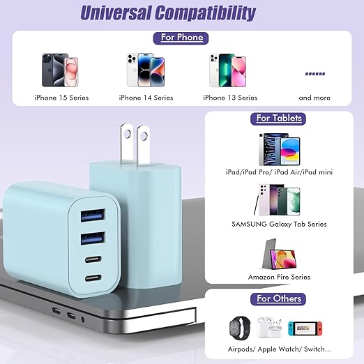 40W USB C Charger Block, [2 Pack] 4-prot USB Type C iPhone Fast Charging Brick, Multiport Apple Adapter for iPhone 17/17 Air/ 16 Pro/16 Pro Max/15/14/13/12, iPad Pro/iPad Air, iPad mini, iPad (Blue)