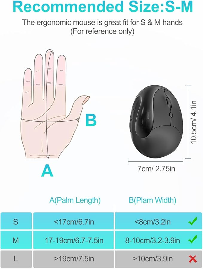 Lekvey Ergonomic Mouse, Vertical Wireless Mouse for Small/Medium Hands, Rechargeable with USB Receiver, 3 DPI for Comfort, Relieves Wrist Pain, Carpal Tunnel Mouse for Laptop, PC, Computer, Mac, Black