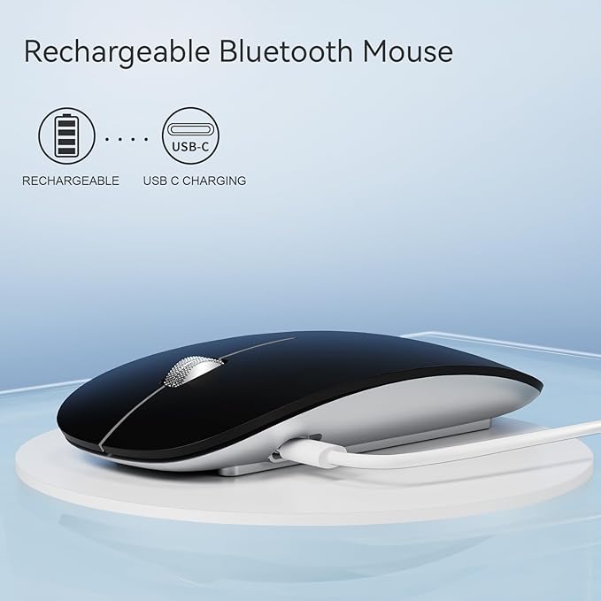 TENMOS M18 Bluetooth Mouse, USB C Rechargeable Wireless Mouse, Triple Mode (Dual Bluetooth+USB) Computer Silent Mice Portable with USB Receiver Type C Adapter for Laptop/MacBook/iPad/PC - Matte Black