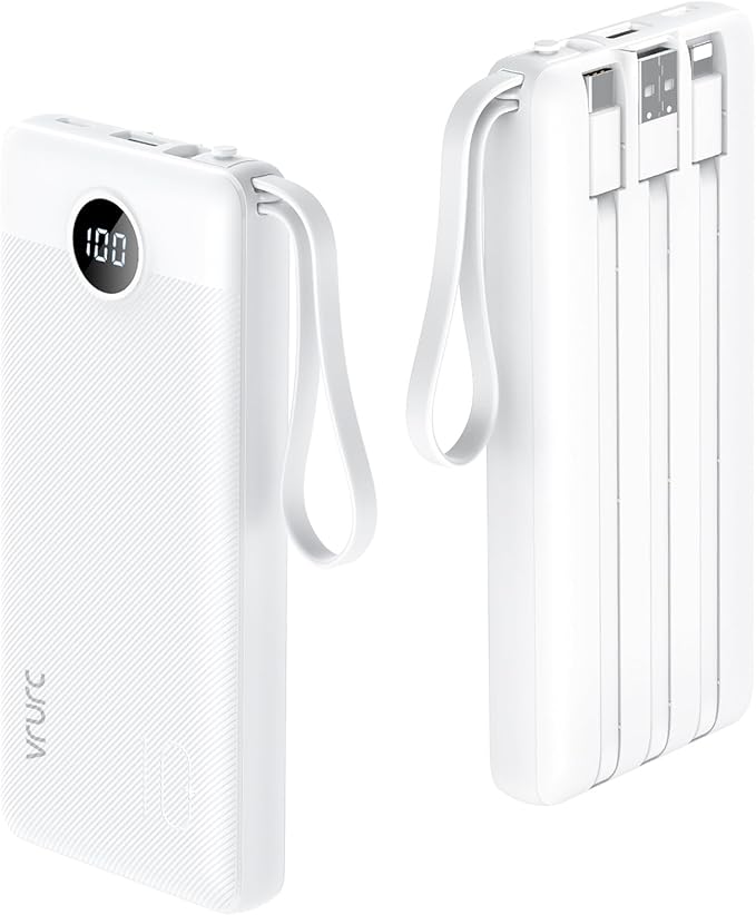 VRURC Portable Charger Power Bank, 10000mAh Travel Essentials Battery Pack, 5 Outputs 2 Inputs Slim Charing Bank Built-in Cables Cords Wires Compatible with iPhone,Samsung,Android-White(1 Pack)