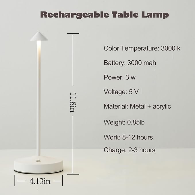 Cordless Table Lamps Rechargeable,White Battery Operated Table lamp in Aluminum,Portable LED Touch 2 Levels Brightness Dimmable Bar Lamp,Battery Operated Desk Lamp for Indoor/Outdoor