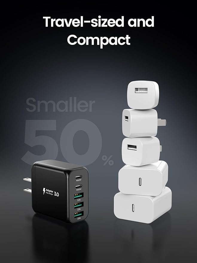 USB C Charger Block, [2-Pack] Type C Charger Fast Charging,50W 5-Port USB Wall Charger Multiport Type C Charging Block Cube for iPhone 17/16/15/14/13/12/11 Pro Max XS, iPad, Samsung & More