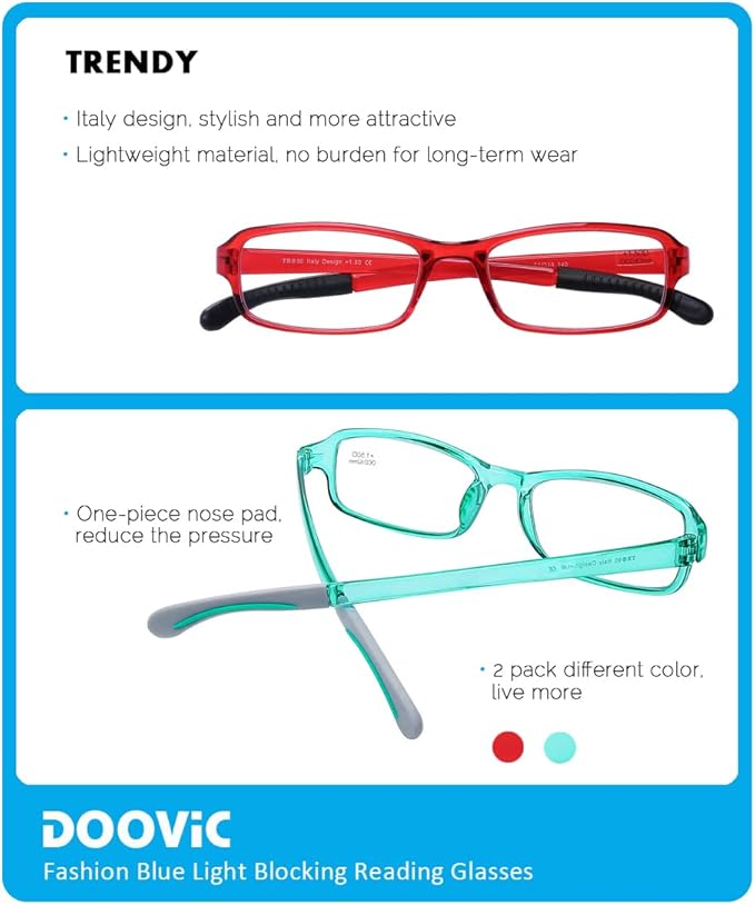 DOOViC 2 Pack Reading Glasses for Women Men TR90 Flexible Lightweight Anti Eyestrain Blue Light Blocking Computer Readers