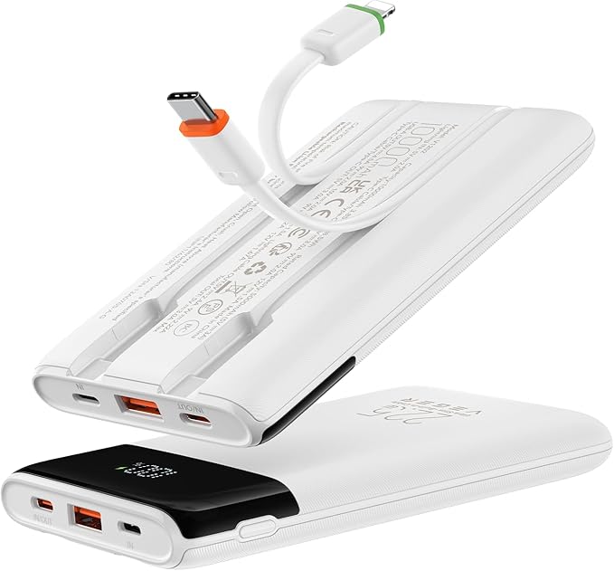 VEGER Portable Charger with Built in Cables, Slim 10000mAh PD 22.5W Fast Charging USB C Power Bank, 4 Outputs 3 Inputs Battery Pack Compatible with iPhone 16 15 14 13 Samsung iPad - Travel Essential