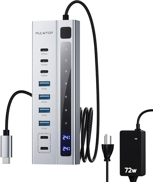 Powered USB C Hub, PULWTOP 9-in-1 USB-Hub suppprt 10Gbps & PD 45W Max Charging(Not Support Video), USB Powered Hub with 3 USB-C, 4 USB-A for Laptop, MacBook, iPad and More (72W Adapter Included)