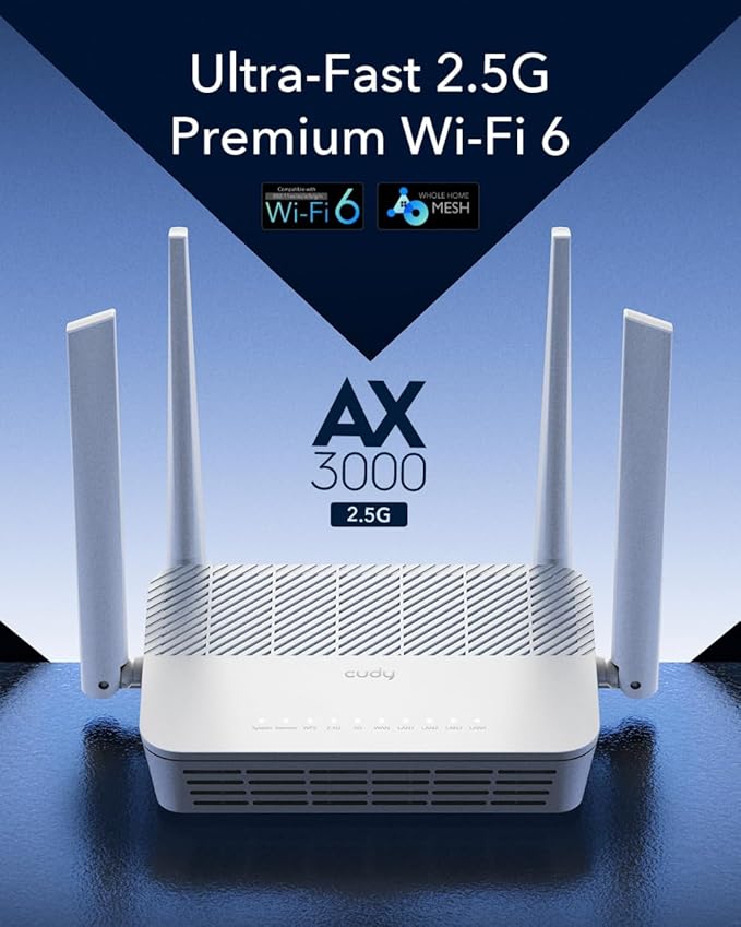Cudy AX3000 Multi Gigabit Dual Band WiFi 6 Mesh Router, 2.5Gbps WAN RJ45 Port, 4 Gigabit RJ45 Ports, 4 5dBi Antennas, MU-MIMO, OpenVPN, Wireguard, Zerotier, Ipsec VPN, Cloud APP