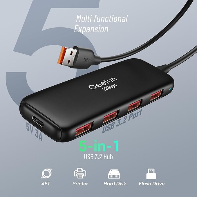 Qeefun 10Gbps USB 3.2 Hub with 4 USB A Data Ports, USB 3.2 Gen 2 Splitter, 4ft Extended Long Cable and Type-C Power Port, USB multiport Adapter for pc, Laptop, iMac, Mac mini, Dell XPS and More