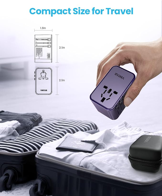 Universal Travel Adapter, VINTAR 75W GaN International Power Adapter with 3 USB C PD and 2 USB A QC, All in One Travel Essentials for UK/EU/USA/AUS, Travel Adapter Worldwide for Laptops Phones, Purple